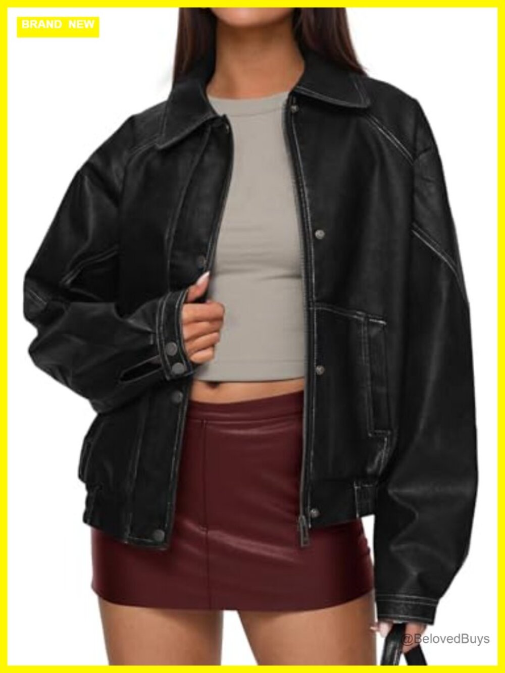 Faux Leather Jacket Women Oversized Moto Biker Coat Long Sleeve Zipper
